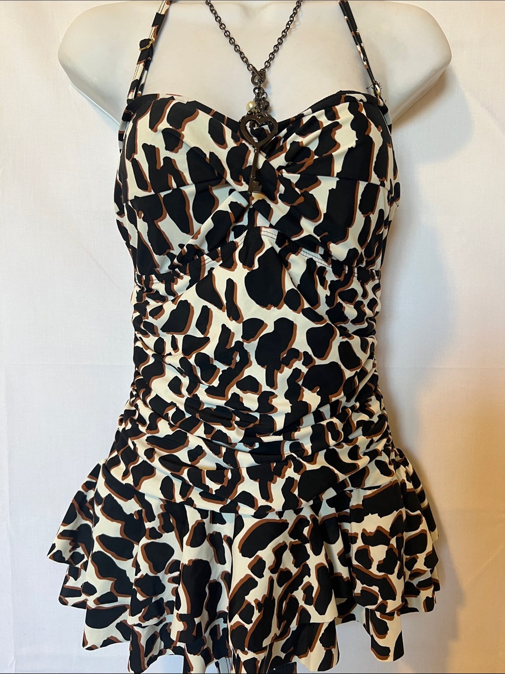 Vintage Black Cream Leopard Print Swim Dress Bikini